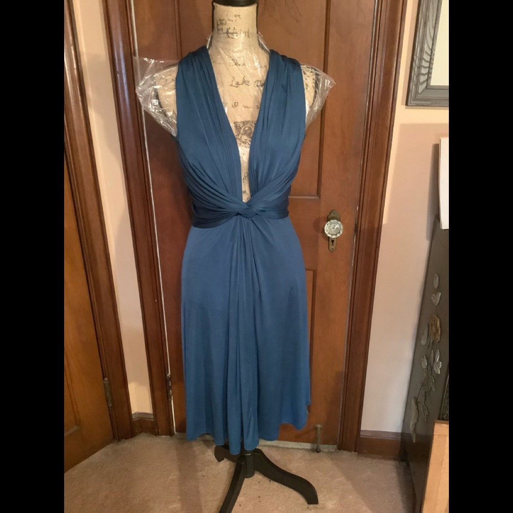 Venus, Blue Front Knotted Dress, Deep V Neck Dress